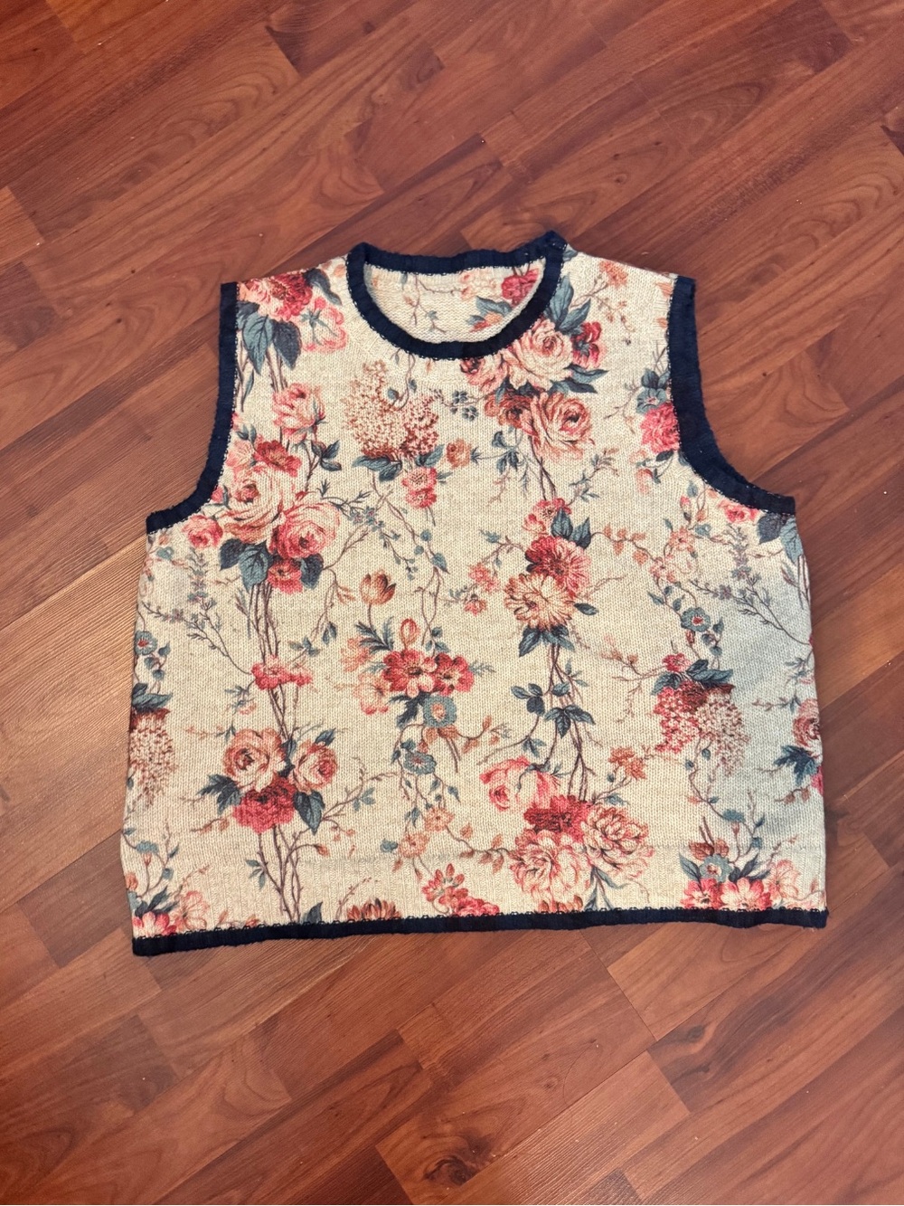 Vintage Floral Tapestry Knit Sweater Vest Sleeveless Rose Cottagecore | XL